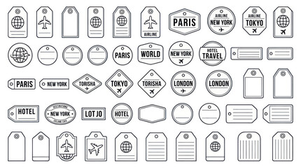 Fototapeta premium Travel luggage tags and vintage labels outline icon set