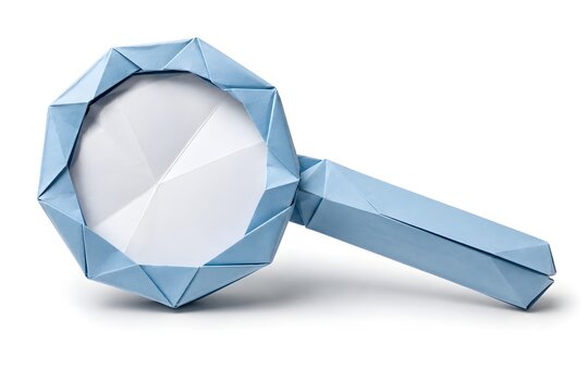 Folded Origami Magnifying Glass with Paper Lens Isolated on White Background