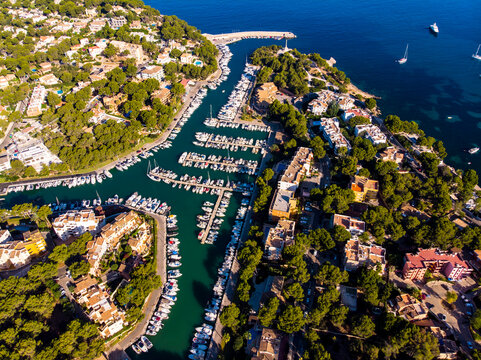 Spain, Baleares, Mallorca, Calvia region, Aerial view of Santa Ponca, Marina