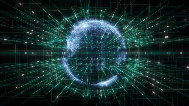colorful rotating hi tech globe in cyberspace with flowing binary code lines hi tech design technology background