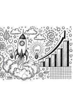 Hand Drawn Business Growth and Innovation Doodles with Rocket Launch, Light Bulbs, and Success Bar Chart Illustration