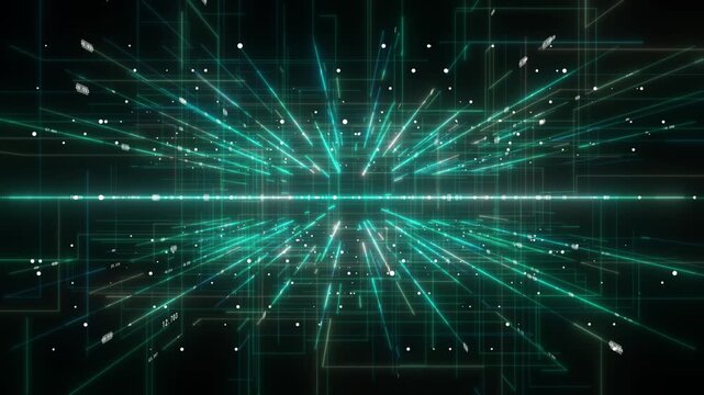 colorful moving lines in rotating cyberspace with randomly moving binary code hi tech design dark technology background