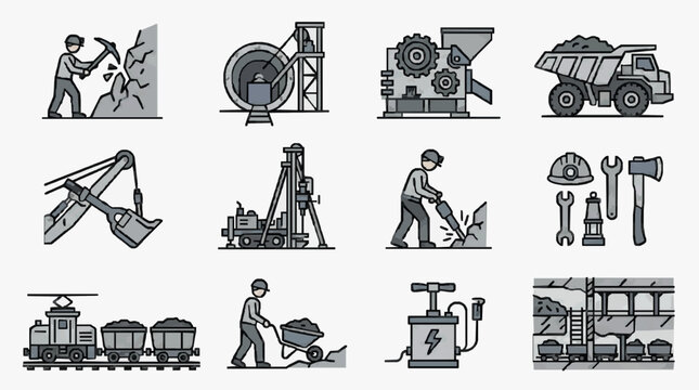Elegant Monochrome of Mining and Construction Equipment Tools and Processes in Action with high quality professional line art symbols for modern creative design and digital branding projects