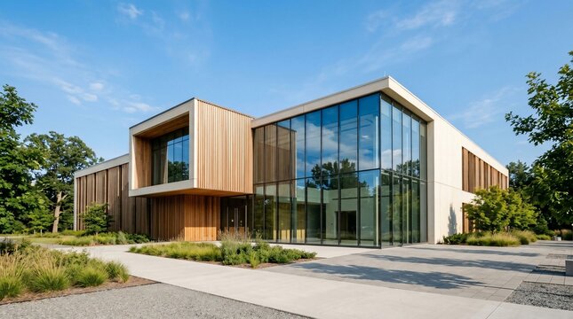 Modern building architecture exterior facade with glass and wood elements