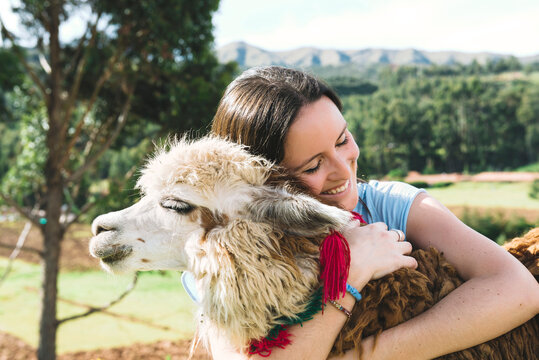 Peru, Cusco, young woman hugging an alpaca