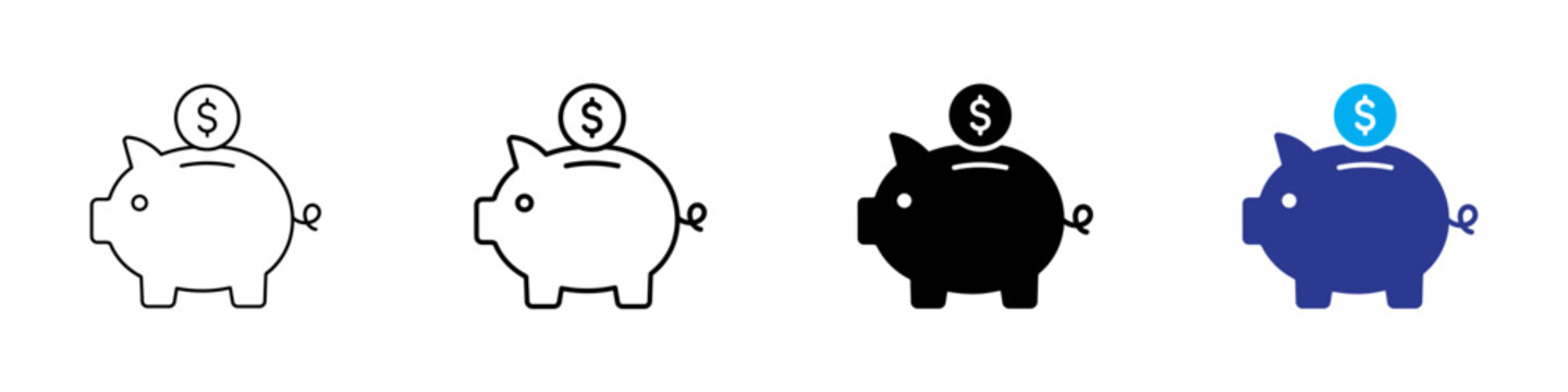 Piggy bank savings icon set with coin in outline, solid glyph and flat color style isolated on white background