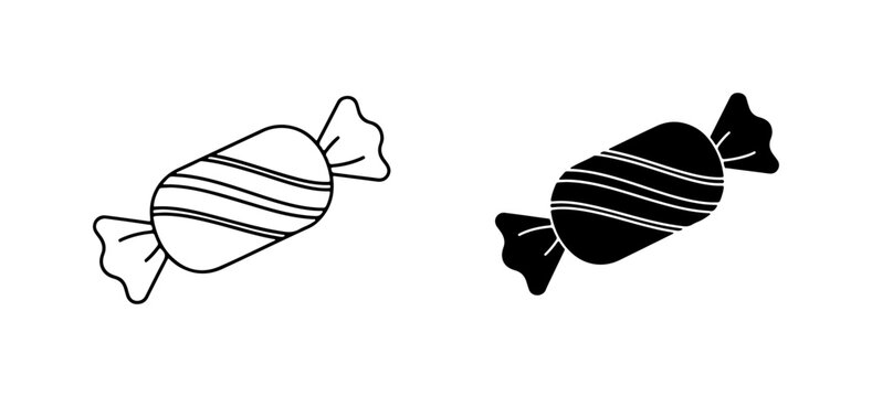 Wrapped Candy Icons, Sweet Treat Vector Graphics, Black and White Confectionery Symbols