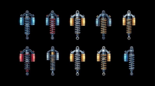 Diverse set of automotive shock absorber suspension parts.