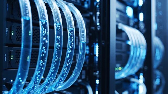 High performance computing servers featuring an innovative liquid cooling system with bubbling blue fluid flowing through transparent tubes to dissipate heat and optimize data processing