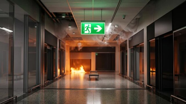 Glowing green emergency exit sign hanging from the ceiling in a modern corridor. Thick smoke and bright orange flames are spreading through the building, creating a dangerous and chaotic situation