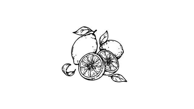 Citrus Fruit Illustration with Three Lemons and Sliced Oranges, Detailed Black-and-White Line Art for Print