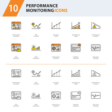 Performance Monitoring Outline Line Icons for KPI Dashboard, Analytics and Business Operations