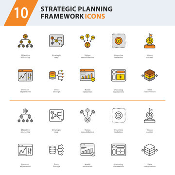 Strategic Planning Framework Outline Line Icons for Business Strategy, Data Governance and Enterprise Planning