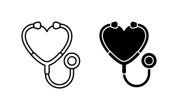 Heart Stethoscope Icon Set, Medical Cardiology Symbol, Healthcare Diagnostic Tool Vector