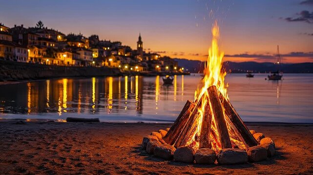 Cozy bonfire burning brightly on a sandy beach during a beautiful twilight evening, with the warm lights of a coastal village reflecting on the calm water in the serene background