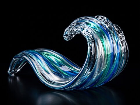 Handblown glass wave sculpture with iridescent blue, green, and metallic silver swirls against a black studio background.