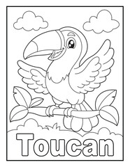 Obraz premium Happy Toucan Coloring Page with Animal Name for Preschool and Kindergarten Kids. Simple Black and White Illustration.