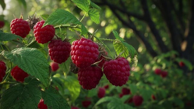Beautiful red raspberry branch with ripe berries growing in an orchard on a sunny summer day. Healthy organic fruit production and agriculture concept with vibrant green leaves and sunlight