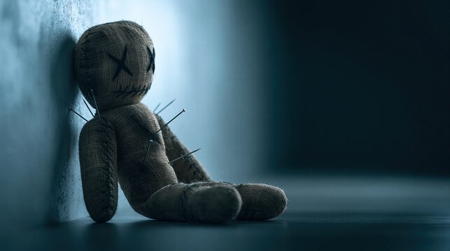 Scary voodoo doll sitting against wall