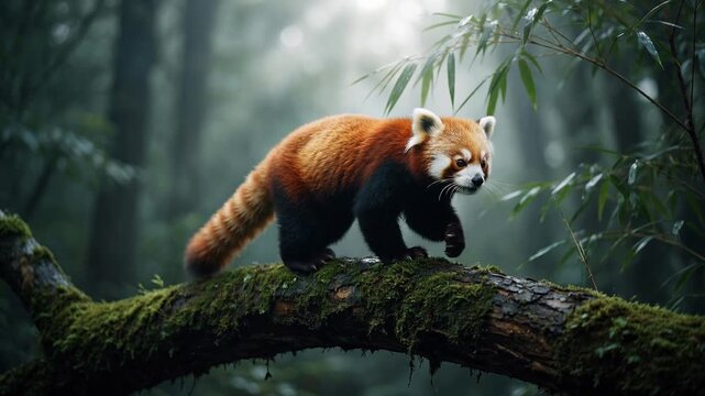 Adorable red panda cautiously walking along a mossy tree branch in its natural habitat, a lush and misty green forest with soft light filtering through the canopy and bamboo leaves
