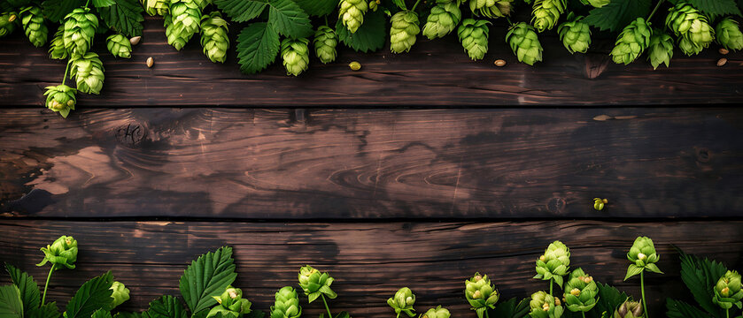 Ultra-wide top-down flat lay of fresh hops framing dark rustic wood, expansive horizontal copy space, perfect for Oktoberfest website headers and craft pub menus