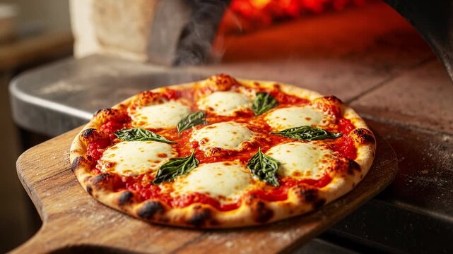 Freshly baked neapolitan pizza margherita on a wooden peel being taken out of a hot, flaming brick oven. Delicious steam rises from the melted mozzarella cheese and crispy, charred crust