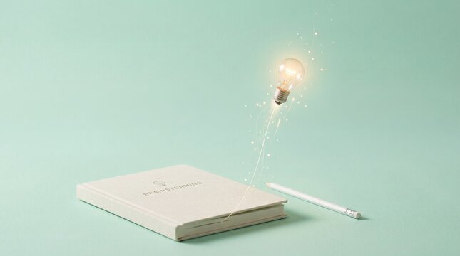 Conceptual image of a luminous light bulb ascending from an elegant notebook with a pencil, symbolizing the ignition of brilliant ideas, creative inspiration, and strategic thinking