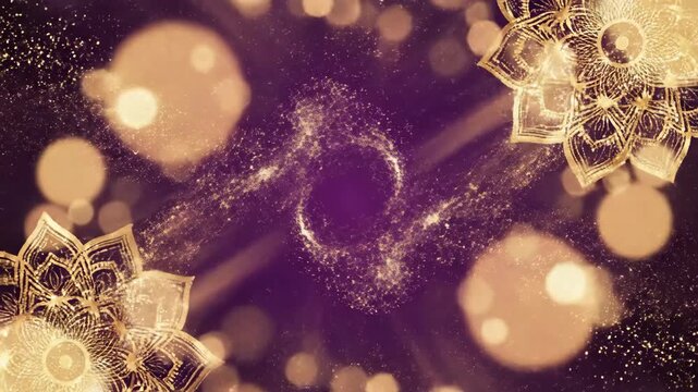 Golden mandalas on dark purple background with bokeh glitter