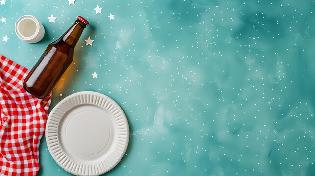 Clean cyan flat lay of summer picnic with beer bottle paper plate and checkered napkin, large right copy space for Labor Day outdoor BBQ party invitations