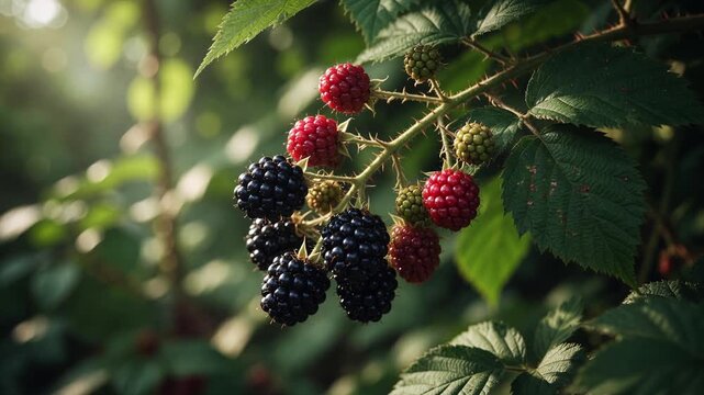 Fresh organic blackberries growing on a bramble bush with ripe black and unripe red berries hanging among green leaves. A beautiful sunny day highlighting the natural colors in a summer garden