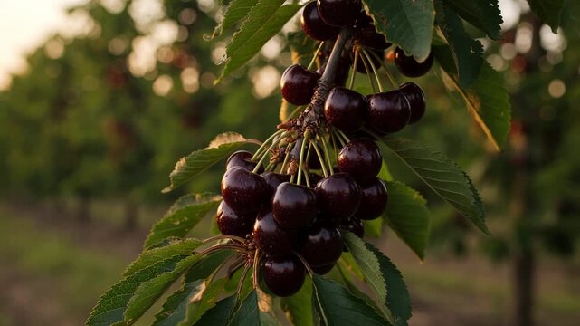 Beautiful bunch of ripe, dark red cherries hanging on a tree branch, gently swaying in the soft evening light of a flourishing orchard, ready for the summer harvest season