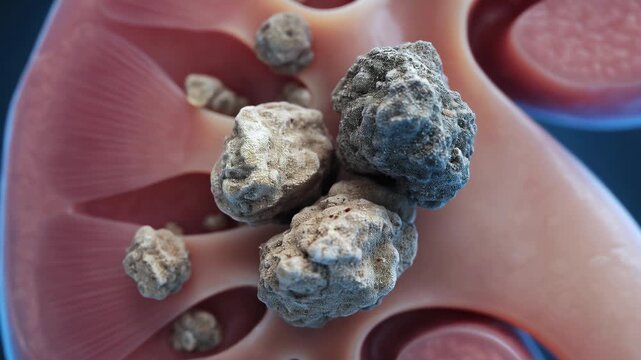 Medical animation showing the progressive formation and growth of kidney stones, also known as nephrolithiasis, inside a human kidney, illustrating the development of renal calculi