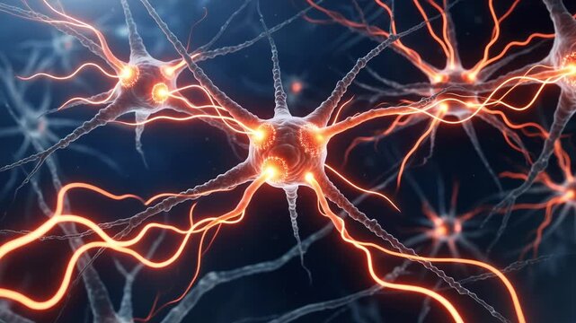 Neural network with electrical impulses firing through synapses, showing nerve cells communicating with each other within the brain for a neuroscience or medical concept animation