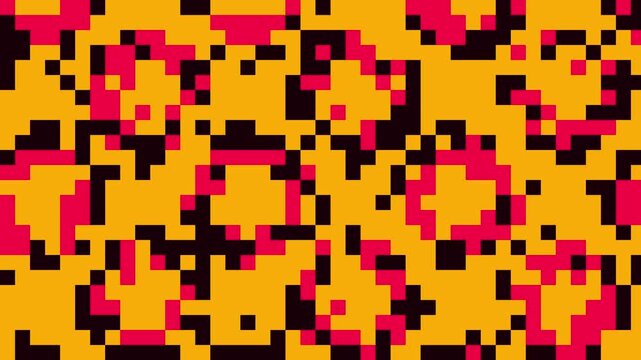 Vibrant leopard skin pattern featuring orange and pink squares arranged in a repetitive geometric grid layout