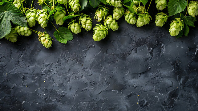Top-down view of dark rough slate with fresh hops top border, ultra-wide aspect ratio and massive lower copy space, perfect for brewery brochures and premium dining background walls