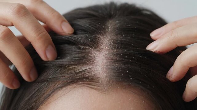 Detailed close up view of a woman's dark hair with a significant amount of dandruff, parting her hair with her fingers to reveal the flaky and irritated scalp condition from seborrheic dermatitis