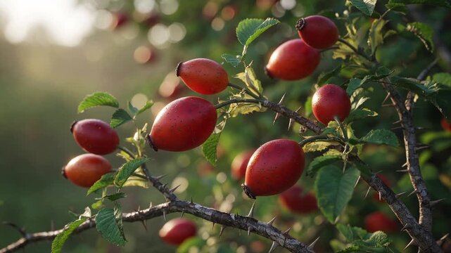 Vibrant red rosehip berries ripen on a thorny branch, swaying gently in the warm autumn sunlight against a softly blurred green background, highlighting the plant's natural beauty and texture