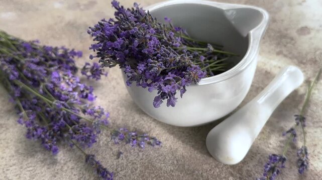 Fresh lavender flowers in a mortar and pestle for aromatherapy