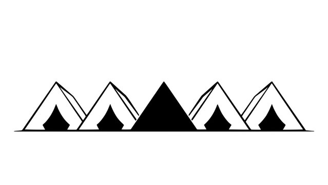 Tents Illustration with Five Triangular Camp Shelters, Outlined in Black and Filled with Contrasting Light and Dark Tones