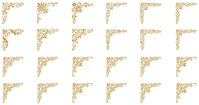 Collection of elegant vintage corner flourishes with floral swirls and ornate patterns.