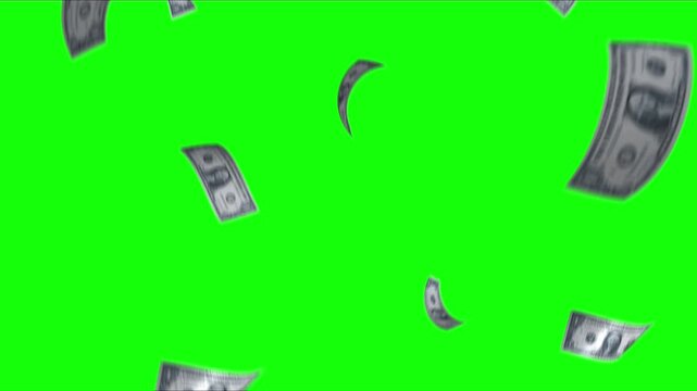 Falling currency notes on green screen background with background suitable compositing falling rotating against money bills falling video paper money