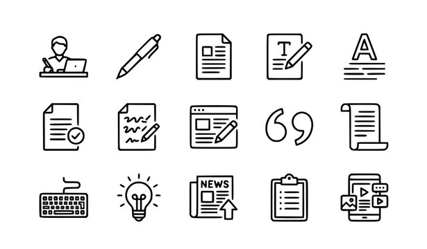 Copywriting and content creation outline icon collection with pixel perfect editable stroke vector set