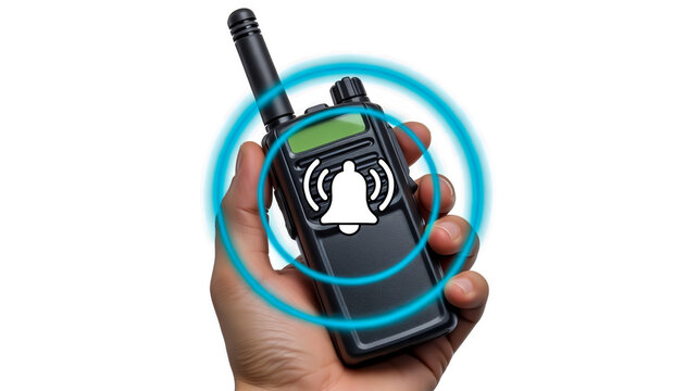 Hand holding a black walkie talkie with a digital alert notification icon overlay for emergency communication