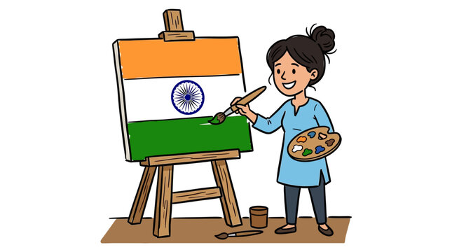 Young girl painting the Indian flag on canvas in a creative art session celebrating national pride