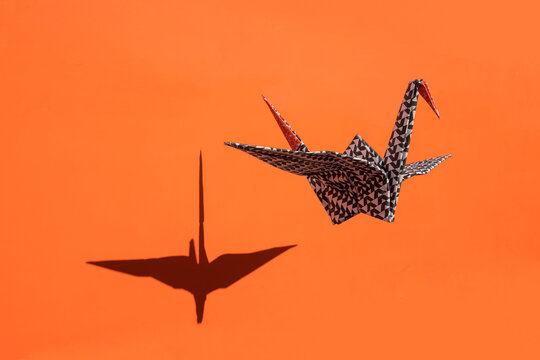 Origami crane, orange background, shadow, copy space