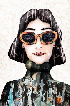 Digital collage illustrates a goth woman wearing sunglasses
