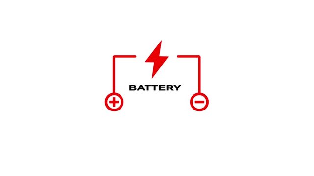 Red Battery Icon With Lightning Bolt And Plus Minus Symbols On White Background power energy