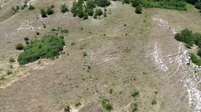Pendio arido con erba secca, vegetazione rada e zone di terreno esposto, in un paesaggio naturale semplice e luminoso con transizione verso area pi&ugrave; verde