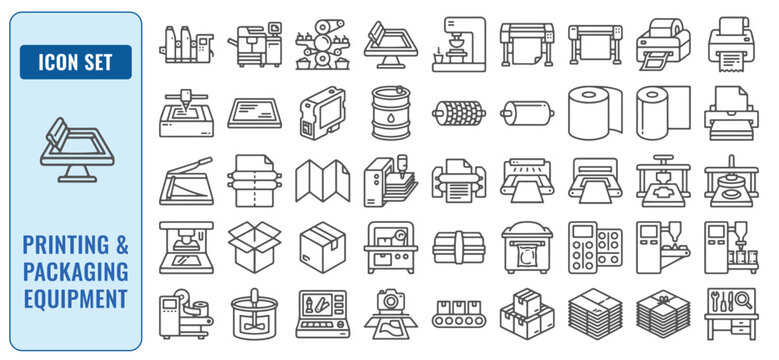 Industrial printing and commercial packaging equipment icon set with printing