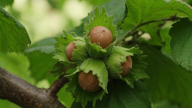 Organic cluster of four young hazelnuts growing on a tree branch among vibrant green leaves. Healthy and natural food source ripening in an orchard, representing agriculture and the harvest season